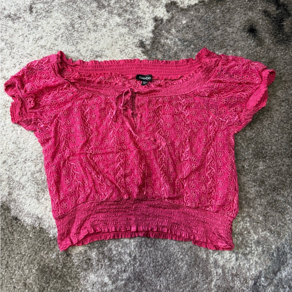 bebe Hot Pink Lace silk Blouse - size medium